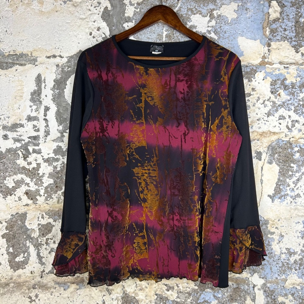 Vintage JBX Exclusive Burnout Velvet Top Purple Gold Ruffle Cuff Womens 1X